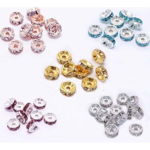 50Pcs/lot 4 6 8 10mm Metal Loose Rhinestone Spacer Beads Rondelles Crystal Bead For DIY Jewelry Making Supplies Accessories