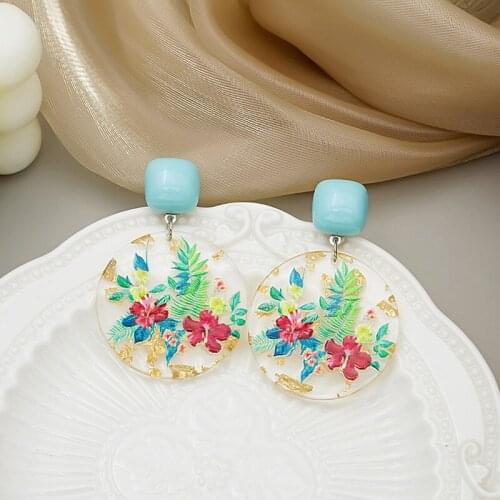 Fashion Retro Acrylic Round Pendant Earrings For Women Girls Vintage Plant Charms Stud Ear Jewelry Party Gifts