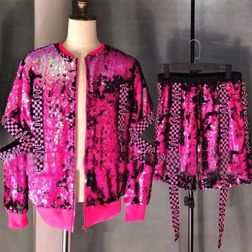 Male Pink Sequins Suit Bar Nightclub Tide Male Singer Hip Hop Dance Costume Stage Wear Costumes Pole Dance Clothing XS2212