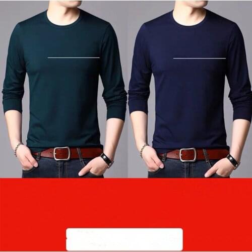 New high-quality autumn and winter mens long-sleeved T-shirt, solid color round neck, pure white, slim white