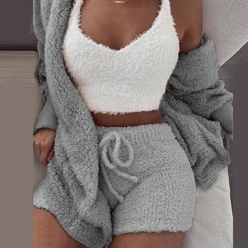 Three Piece Sexy Fluffy Outfits Plush Velvet Hooded Cardigan Coat+shorts+crop Top Women Tracksuit Sets Casual Sports Sweatshirt