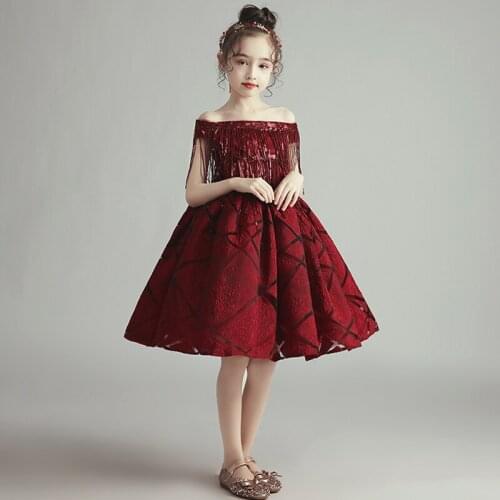 Flower Girl Dress Sequined Beading Embroidery Boat-Neck Short Princess Knee-Length Luxury Off The Shoulder Kids Party Gown H362