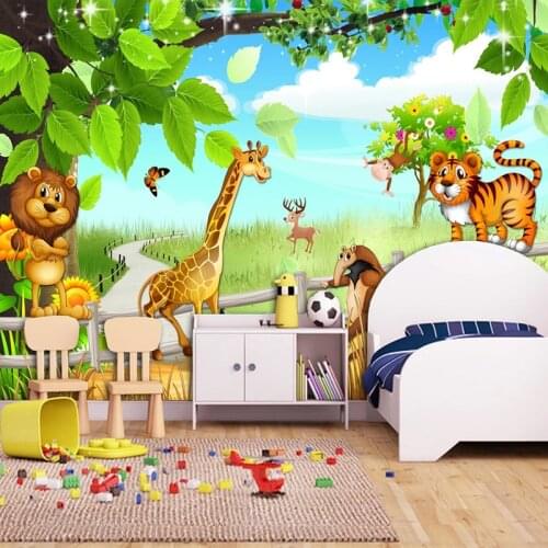 Custom 3D Mural Wallpaper Lion Tiger Cartoon Animal Forest Wall Painting Children Kids Room Bedroom Background Photo Decoration