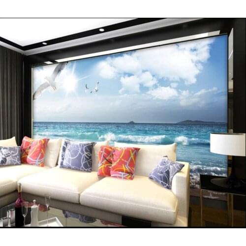 Custom photo wallpaper for walls 3 d murals Blue sky, white clouds, beach, waves, seagulls, seascape, TV background wall papers