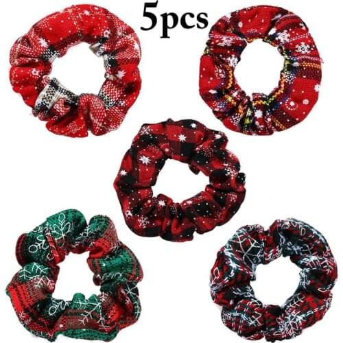 5Pcs/Set Plaid Pattern Hair Ropes Hair Scrunchy Christmas Snowflake Decor Hair Tie Elastic Hair Band For Xmas Hair Accessories