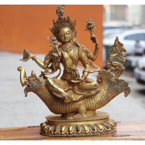 Old Tibet Copper Gild Green Tara Guanyin Kwan-yin Buddha on Dragon Fish Statue