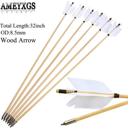 10pcs 32" Archery 8.5mm Wooden Arrow Recurve Traditional Bow Shooting White Wood Arrows Turkey Feathers Bow Hunting Accessories