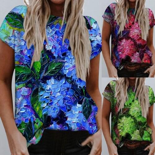 Women Short Sleeve Round Neck T-shirt Hand-painted Plant Flowers Printing Causal Summer Tops Blouse Daily All-match T-shirt