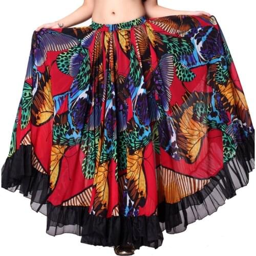 720 Degrees Tribal Belly Dance Performance Gypsy Clothes Butterfly-printed Flamenco Wear Women Sheer Chiffon Skirts