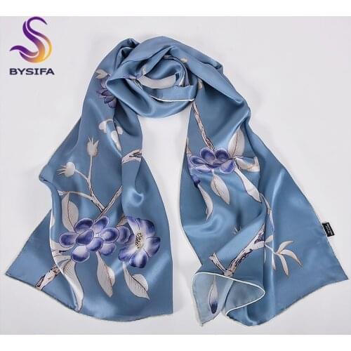 [BYSIFA] New Brand Women Silk Shawl Scarf Fashion Luxury Ladies Pure Silk Ink Blue Long Scarves Headscarves Top Grade Silk Scarf