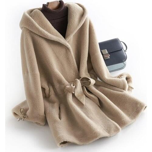 Coat Fur Real Winter Woman Coats 2020 Korean Fashion Casual Midi Long Wool Hooded Jacket Elegant Ldies Outwear B18F23350 s