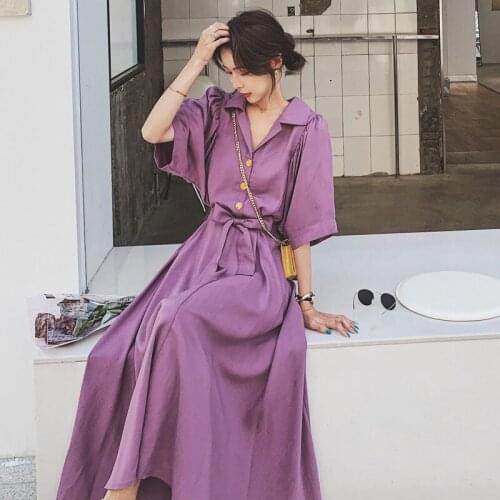 Summer French purple Chiffon Dress Female 2020 new temperament waist Slim Bubble Sleeve bellflower Dress For Women m475