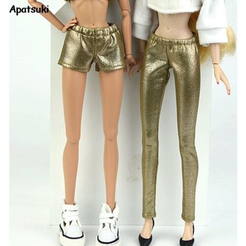 Gold Elastic PU Leather Trousers Bottoms Pants Shorts For Barbie Doll Clothes Fashion Outfit For 1/6 BJD Dolls Accessories Toys