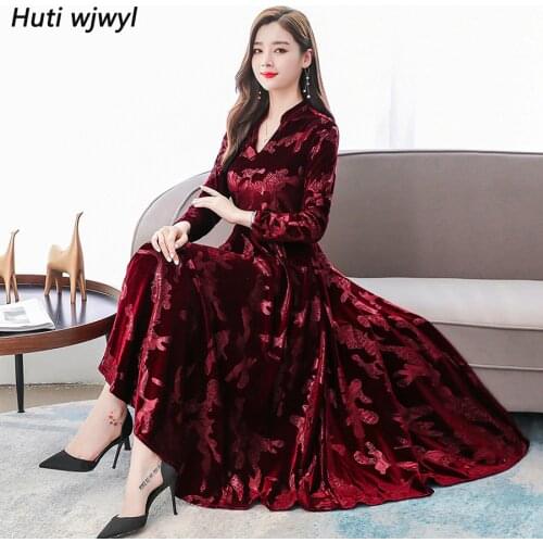 2020 Vintage Solid Velvet Midi Dresses Autumn Winter 3XL Plus Size Long Sleeve Maxi Dress Elegant Women Bodycon Party Vestidos