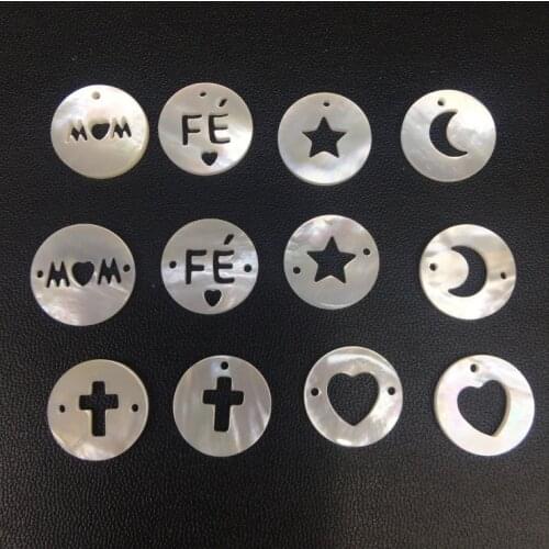 30pcs Natural 15mm MOM Heart. Moon. Cross Letter Shape Pearl shell Beads Round MAMA Letter Mother of Pearl shell for DIY Jewelry