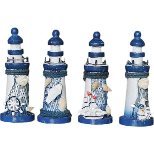 Lighthouse Decor Nautical Marine Model Mediterranean Style Hand Painted Lighthouse Nautical Fish Net Shell Buoy Decor - Size 5X5