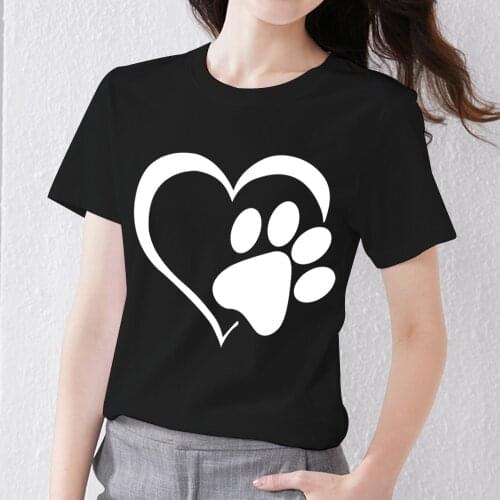 Womens Classic Black T-shirt Slim Puppy Footprint Love Print Pattern Ladies Round Neck Fashion T-shirt Comfortable Commuter Top