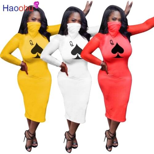 HAOOHU Sexy Club Night Party Women Spade Q Poker Card Print Long Sleeve Turtleneck Bodycon Midi Dress Vestidos