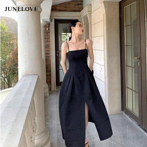 JuneLove 2021 Summer Elegant Black Dress Women Sleeveless Slim Strap Dress Vintage Party Holiday Strap Dress Korean Office Lady