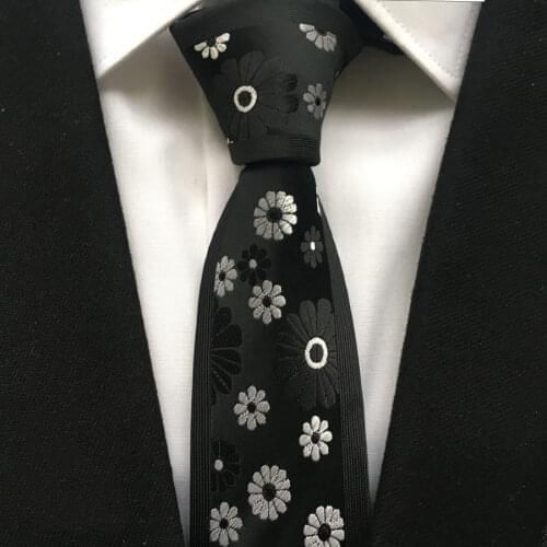 6cm Classic Skinny Tie Designer Panel Necktie Black with White Flowers Cravates