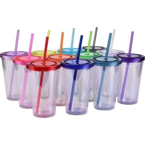 16OZ Acrylic Transparent Double Wall Tumblers Insulated Plastic cup Cold beverage Drinking mug Reusable Cup With Straws