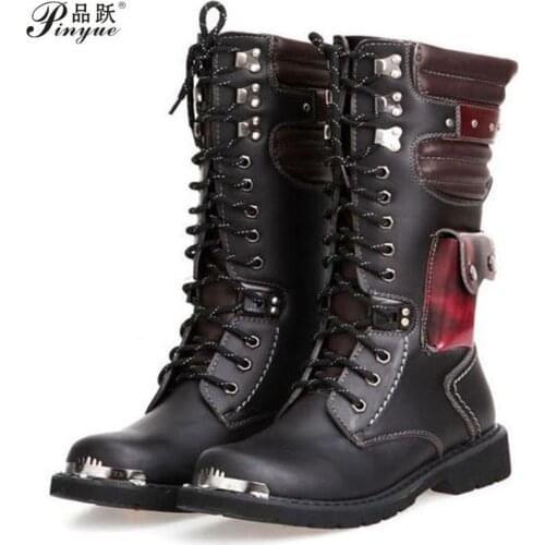 Fashionable Motorcycle Boots Mens Military Boots Leather Winter Black Cowboy Snow Metal Gothic Pocket Punk boots