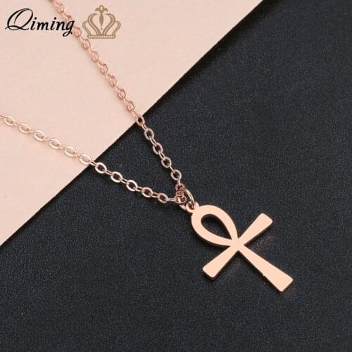 QIMING Stainless Steel Egyptian Ankh Necklace Women Men Jewelry Lucky Amulet Religious Cross Gold Silver Necklace Collier Gift