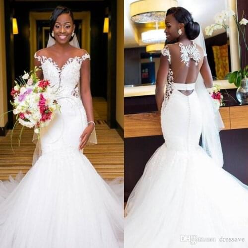 Mermaid Wedding Dresses African Saudi Arabic Cap Sleeves Sheer Backless Bridal Gowns Ruched with Buttons Back