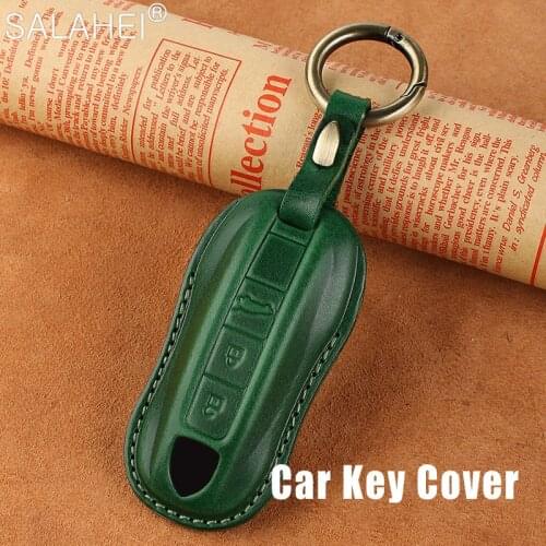 Top Layer Leather Car Remote Key Fob Shell Case Cover Keychain Bag For Porsche Panamera Cayenne 971 911 9YA Macan Boxster 2018