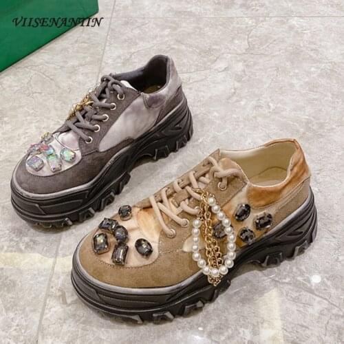 Round Toe Platform Platform Wedge Heel Old Shoes Metal Chain Pearl Chain Rhinestone Cross-lace Casual Sneakers Dirty Shoes