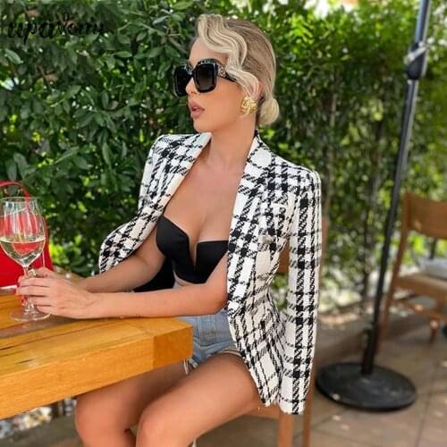 Free Shipping Ladies Tweed Jacket 2021 Fashion Office Ladies Black and White Houndstooth Jacket Women Autumn Retro Plaid Jacket