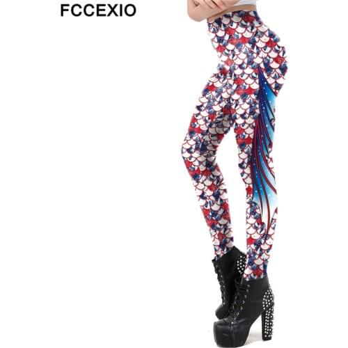 FCCEXIO Jogging Pants Women Shiny Mermaid Cosplay Printed High Quality Leggings Fashion Elastic Pants Sporting Fitness Leggins