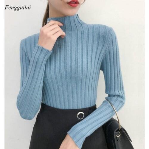 Korean Style Sweater Women High Neck 2020 Casual Rib Knit Sweater Pure Color All-Match Pullover Sweater Women