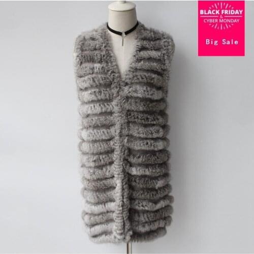 Autumn winter new womens coat knitted real rabbit fur waistcoat long vest fashion genuine fur v-neck sleeveless jacket L1530