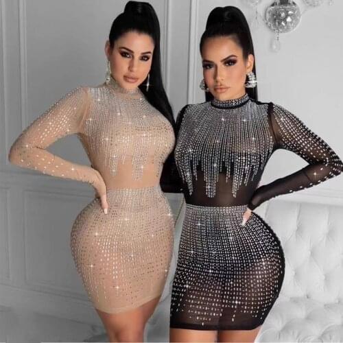 Free Shipping Wholesale Women Black Pink Long Sleeve Rhinestone Fashion Sexy Celebrity Cocktail Party Dress