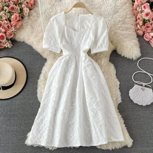 2021 Summer New Style Square Neck Puff Sleeve Waist Waist Thin Mid-length Skirt Retro Jacquard Dress Women