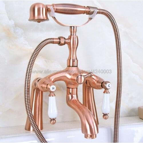 Antique Red Copper Deck Mounted Bathroom Tub Faucet W/ Hand Shower Sprayer Solid Brass Mixer Tap Kna165