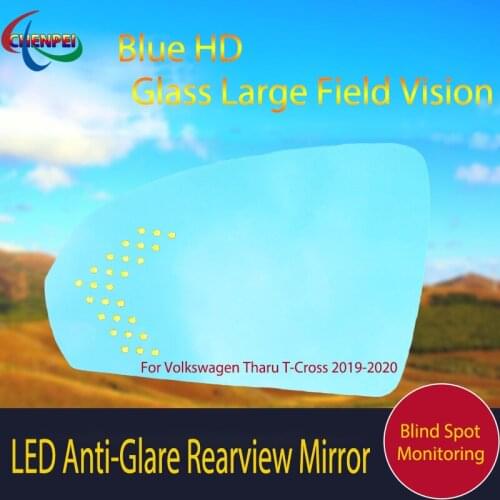 Large View Blue Mirror Anti-Glare Electrically Heated Rearview Mirror With LED Turn Indicator For Volkswagen Tharu T-Cross 19-20