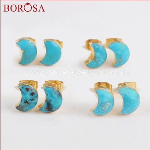 BOROSA 100% Natural Blue Howlite Moon Gold Color Drusy Studs Earrings, Fashion Druzy Crescent Stud Earrings for Women G1225