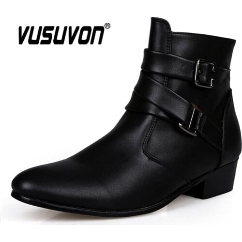 VUSUVON Fashion Boots Men Spring Autumn Pointed Toe Height Increase Ankle Boots High Top Casual Shoe PU Leather Martin Boots Men
