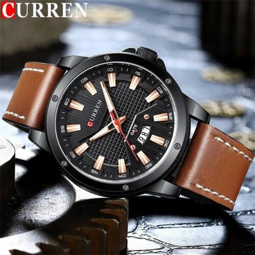 CURREN Sport Men Watch Top Luxury Brand Military Waterproof Male Clock Brown Genuine Leather Calendar Quartz Man Wristwatch 8376