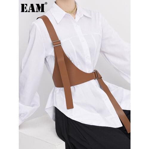 [EAM] Pu Leather Black Irregular Split Joint Strap Belt Personality Women New Fashion Tide All-match Spring Autumn 2021 JX69701
