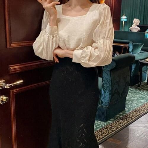 Elegant Square Collar Puff Long Sleeve Blusas Korean Style Sweet Loose Solid Shirts 2021 Spring Chic Retro Simple Women Tops