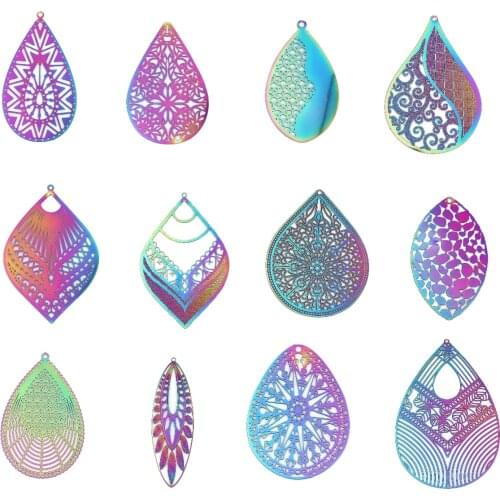 10PCs Stainless Steel Hollow Drop Filigree Stamping Pendants Leaf Purple & Blue AB Colors Filigree Charms For Jewelry Finding
