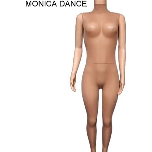 Women Sexy Stage Mesh See through Nude Sleeveless Jumpsuits Professional Dance Hard Yarn Elastic All-match Leggings Jumpsuits