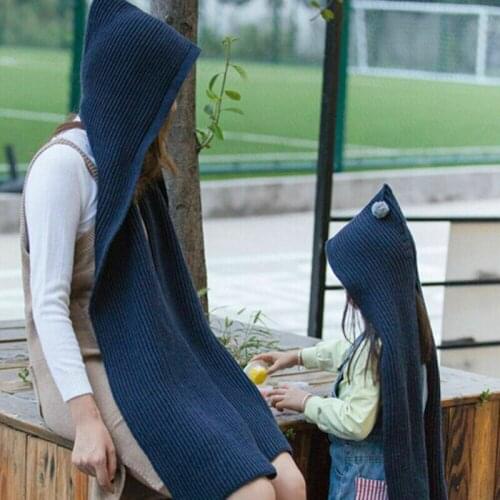 2019 New Stylish Womens Kids Winter Knit Long Hooded Scarf Soft Shawl Headscarf Neck warmer Mom Daughter Hat