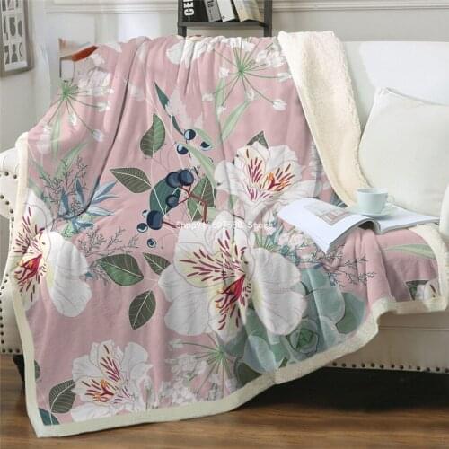Flowers Sherpa Blanket for Beds Pink Floral Plush Bedding Girls 3d Throw Blanket Plant Leaf Fluffy Blanket Love Gift Custom
