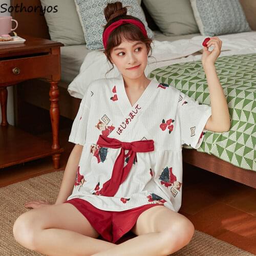 Pajama Sets Women Cute Cartoon Printed Girls Sleepwear Summer Breathable Lace-up Loose Kimono Home Nightwear Short Sleeve Shorts