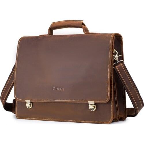 Brand Vintage Mens 100% Genuine Leather Briefcase Crazy Horse Genuine Leather Messenger Male 13" Laptop Bag Business Travel Bag