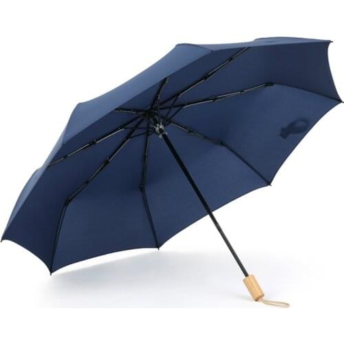 Simple Plain Color Windproof Solid Wood Handle Umbrella Retro Men Women Tri-fold Umbrella Business Umbrella